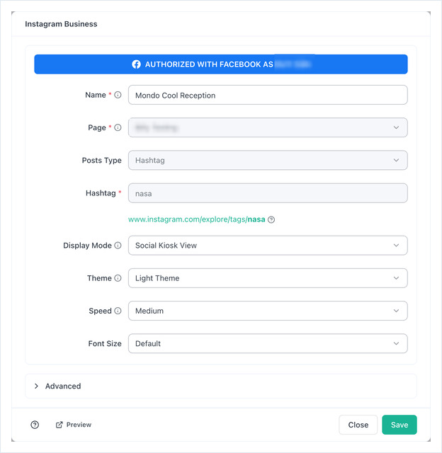 Instagram Business app form with the Name, Page, Posts Type, Hashtag, Display Mode, Theme, Speed and Font Size fields