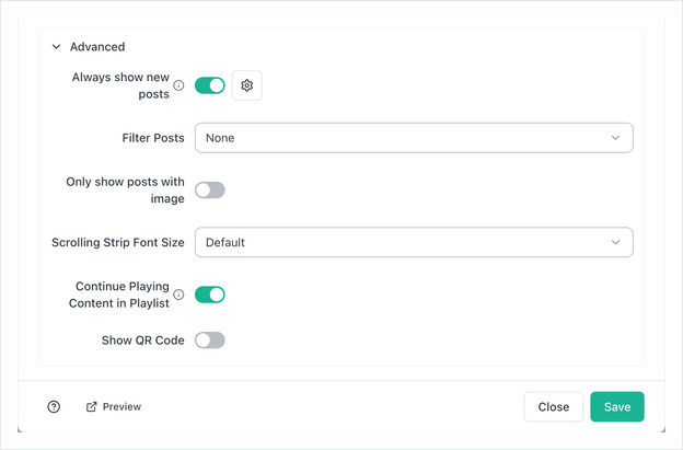 Advanced section expanded, showing the moderation, post filter, scrolling strip, playlist and QR code options