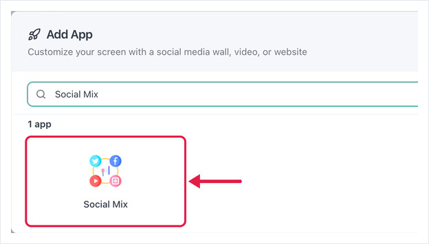 Add App dialog searched for Social Mix, with the Social Mix app card highlighted