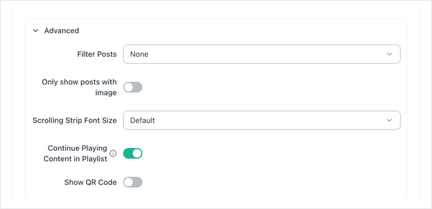Advanced section expanded, showing the post filter, scrolling strip, playlist and QR code options