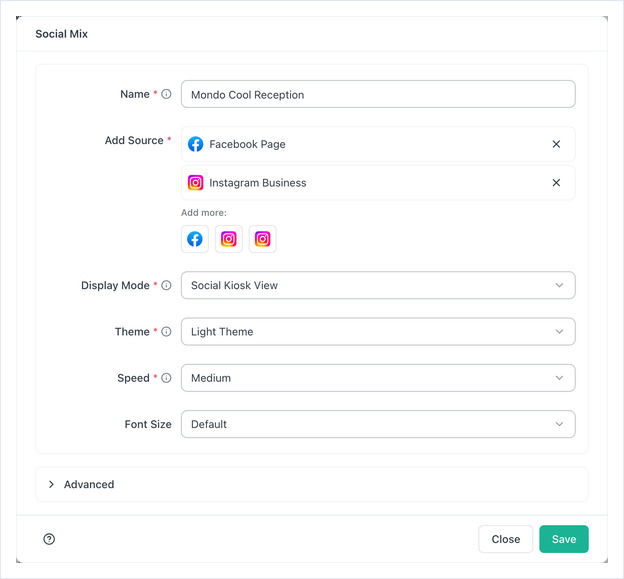 Social Mix app form with a Facebook source and an Instagram Business source added