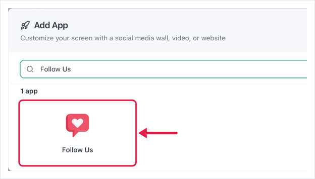 Add App dialog searched for Follow Us, with the Follow Us app card highlighted