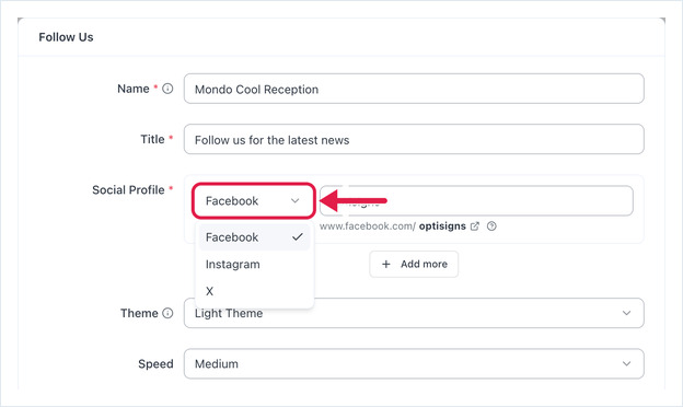 Social Profile dropdown open, showing Facebook, Instagram and X
