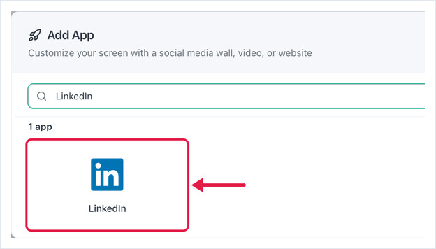 Add App dialog searched for LinkedIn, with the LinkedIn app card highlighted