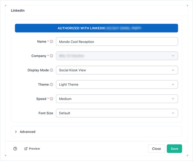 LinkedIn app form showing the Name, Company, Display Mode, Theme, Speed and Font Size fields