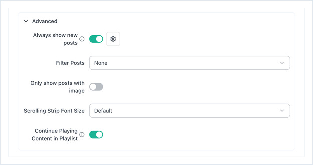 Advanced section expanded, showing the moderation, post filter, scrolling strip and playlist options