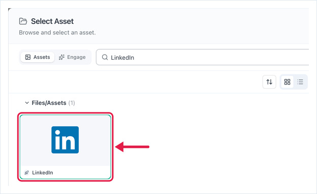 Select Asset dialog with the LinkedIn asset selected