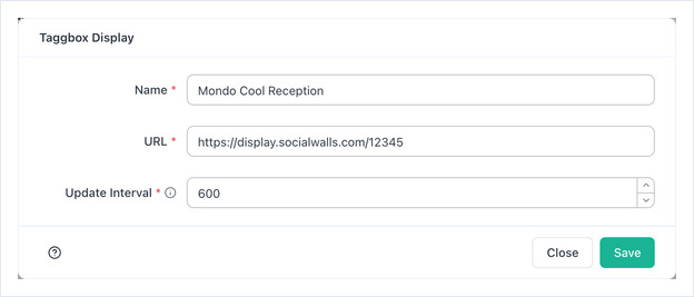 Taggbox Display app form with the Name, URL and Update Interval fields filled in