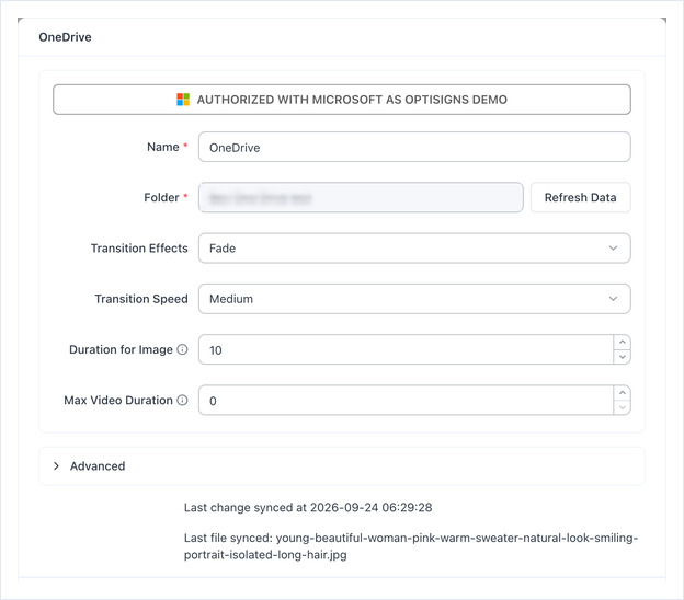 OneDrive app form showing the account badge, Name, Folder, transition and duration fields