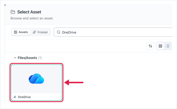 Select Asset dialog with the OneDrive asset selected