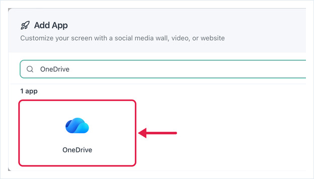 Add App dialog searched for OneDrive, with the OneDrive app card highlighted