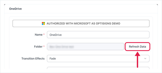 OneDrive app settings with the Refresh Data button highlighted