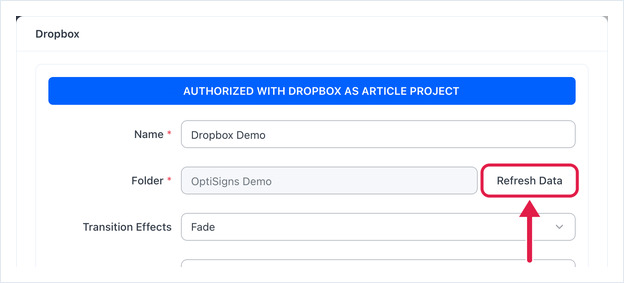 Dropbox app settings with the Refresh Data button highlighted