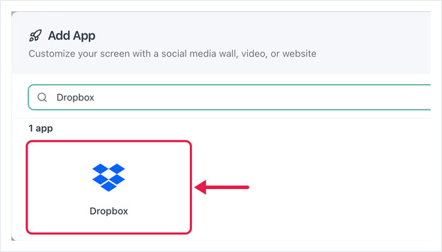 Add App dialog searched for Dropbox, with the Dropbox app card highlighted