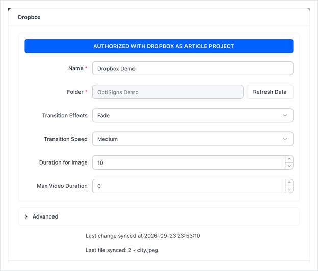 Dropbox app form showing the account badge, Name, Folder, transition and duration fields