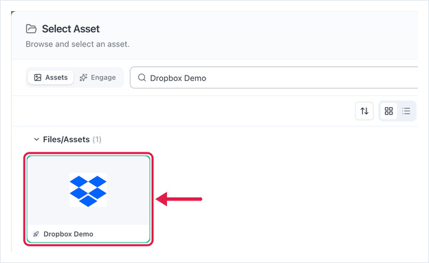 Select Asset dialog with the Dropbox asset selected
