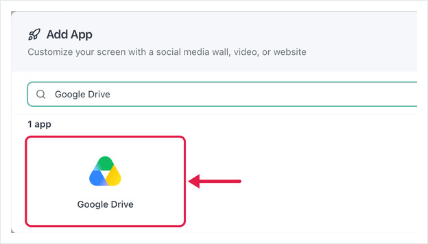Add App dialog searched for Google Drive, with the Google Drive app card highlighted