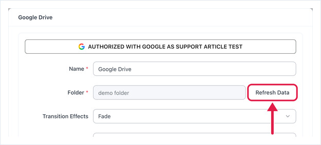 Google Drive app settings with the Refresh Data button highlighted