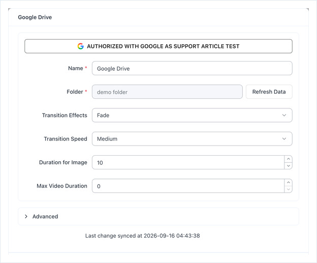 Google Drive app form showing the account badge, Name, Folder, transition and duration fields