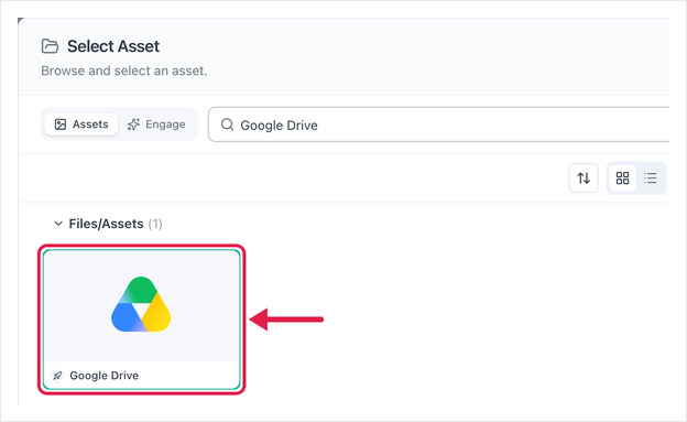 Select Asset dialog with the Google Drive asset selected