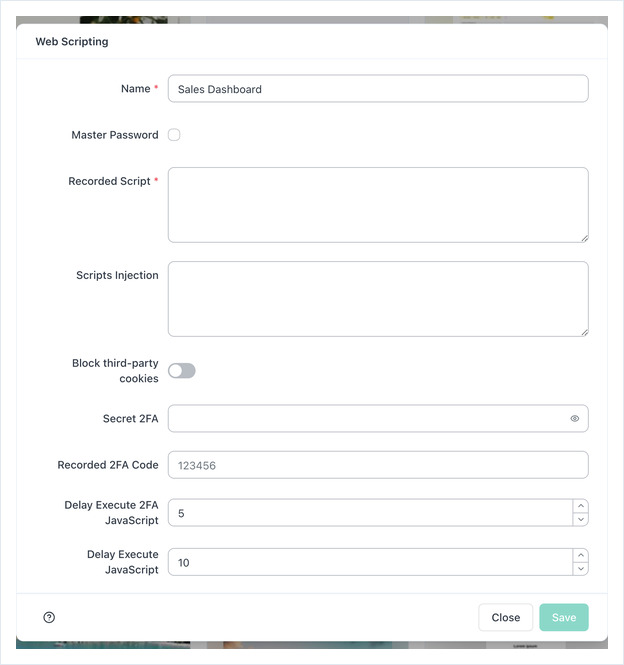 Web Scripting app form showing the Name, Master Password, Recorded Script and 2FA fields