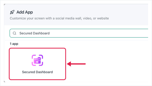 Add App dialog searched for Secured Dashboard, with the Secured Dashboard app card highlighted