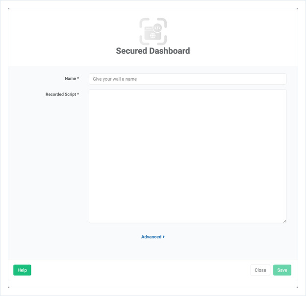 Secured Dashboard app form showing the Name and Recorded Script fields