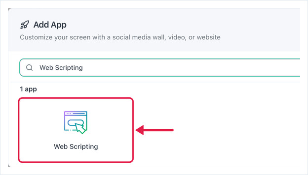 Add App dialog searched for Web Scripting, with the Web Scripting app card highlighted