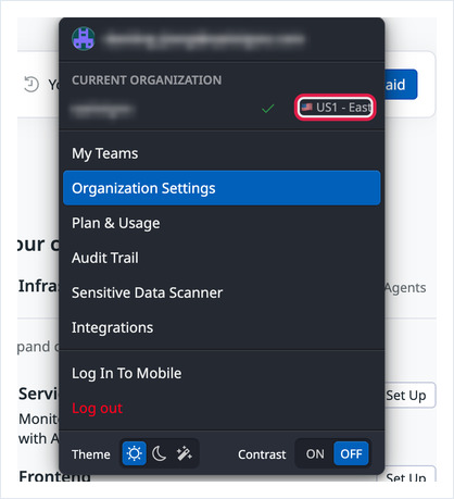 Datadog account menu showing the organization's site as US1 - East