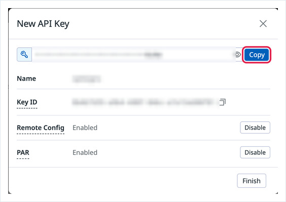 New API Key dialog with the key value hidden and the Copy button highlighted
