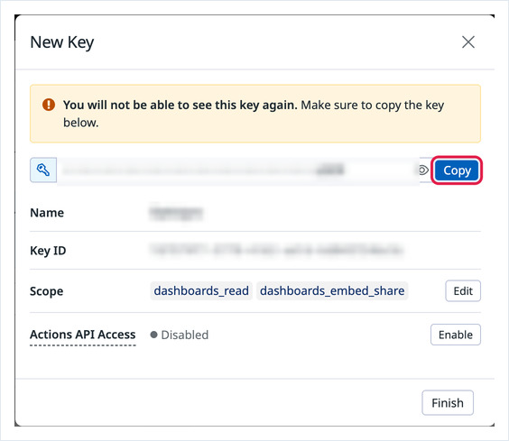 New application key dialog with the key hidden, its scopes listed and the Copy button highlighted
