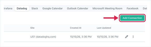 OptiSigns Integrations page, Datadog tab, with the Add Connection button highlighted