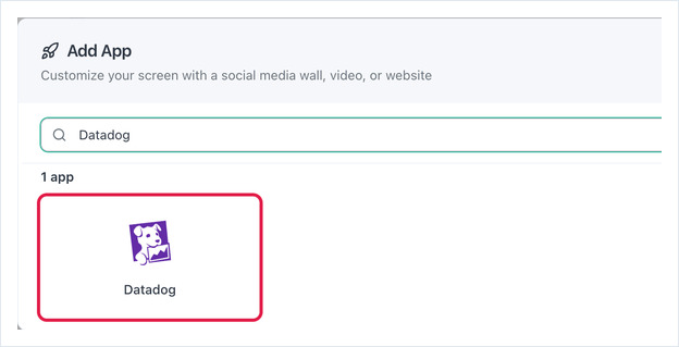 Add App dialog searched for Datadog, with the Datadog app card highlighted
