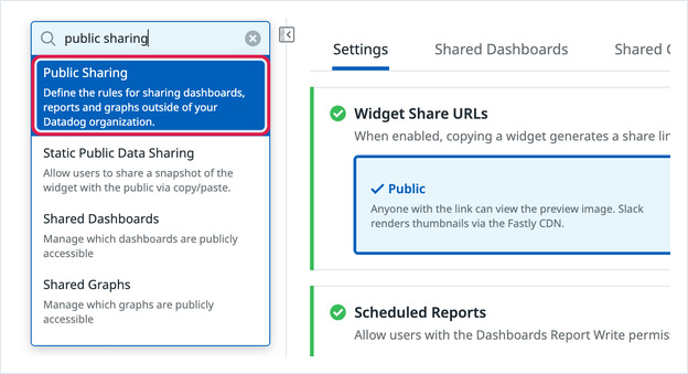 Datadog Organization Settings search for public sharing with the Public Sharing result highlighted