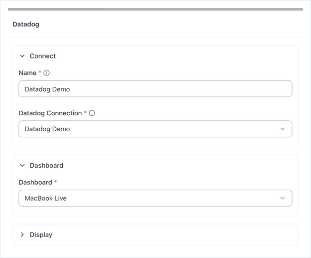 Datadog app form with the Connect and Dashboard sections filled in