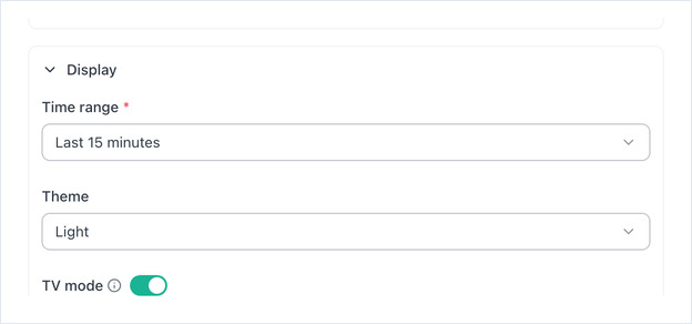 Datadog app Display section with Time range, Theme and TV mode