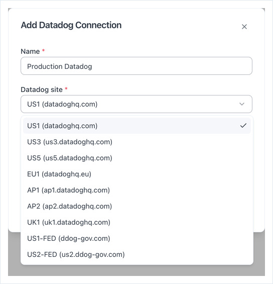 Datadog site list showing US1, US3, US5, EU1, AP1, AP2, UK1 and the government sites