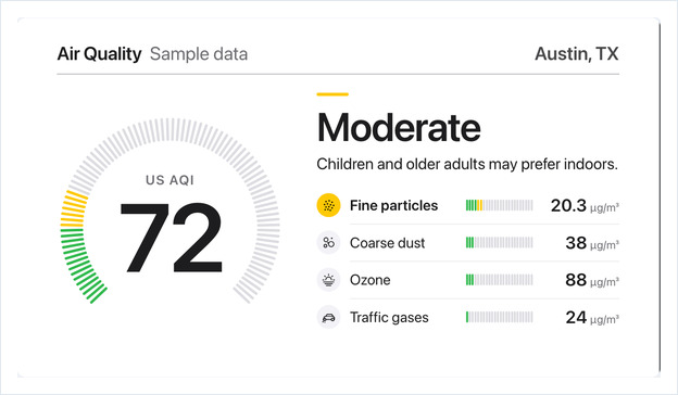 Air Quality Index app showing a US AQI of 72, Moderate, with fine particles, coarse dust, ozone and traffic gas levels