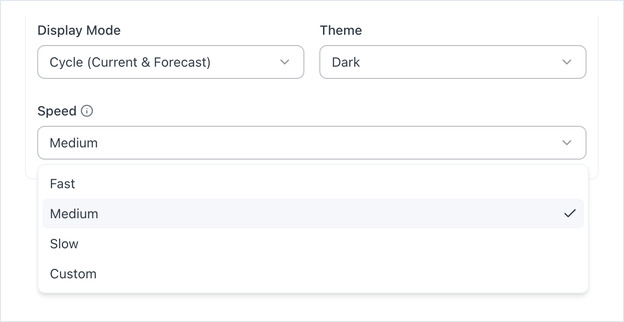 Speed dropdown open, listing Fast, Medium, Slow and Custom