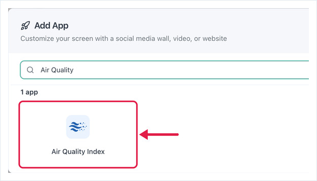 Add App dialog searched for Air Quality, with the Air Quality Index app card highlighted