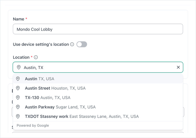 Location field with Austin, TX typed and a list of matching location suggestions
