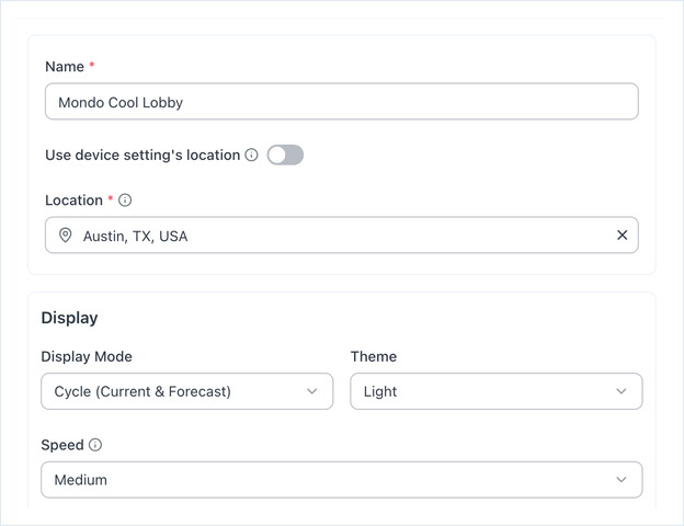 Air Quality Index app form with the Name and Location fields filled in and the Display section below