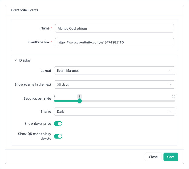 Eventbrite Events form with the Name and Eventbrite link fields filled in, and the Display section below