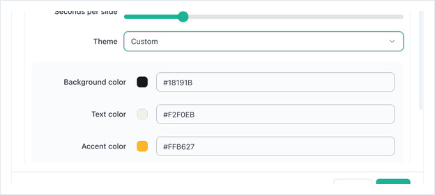 Theme set to Custom, showing the Background color, Text color and Accent color fields