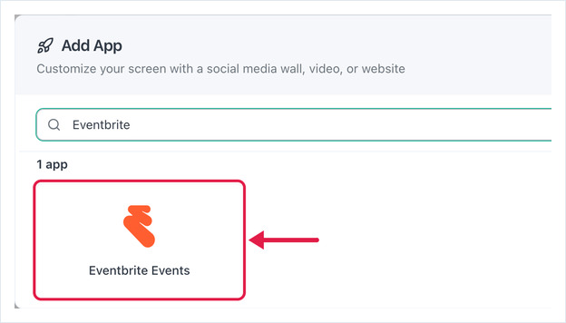 Add App dialog searched for Eventbrite, with the Eventbrite Events app card highlighted