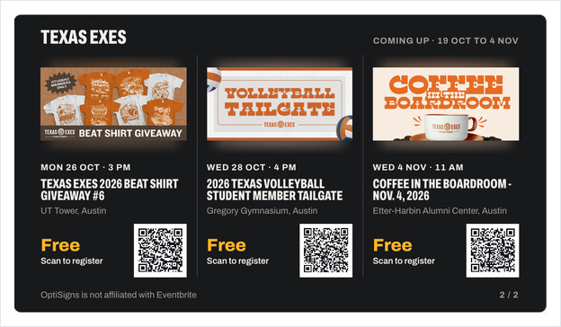 Eventbrite Events Neighborhood Board layout with three upcoming event cards, each with a QR code