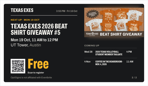 Eventbrite Events Right Now layout with the current time, the next event and a Coming Up list
