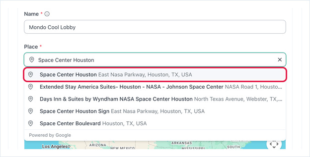 Place field searched for Space Center Houston, with the first suggestion highlighted