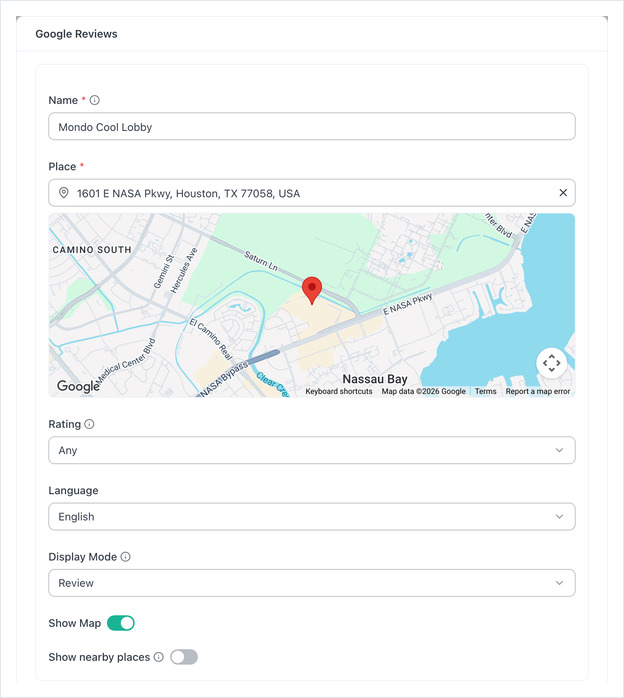 Google Reviews app form with the Name and Place filled in and a map of the place
