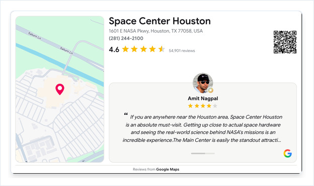 Google Reviews wall in the Review display mode, showing one review beside the map